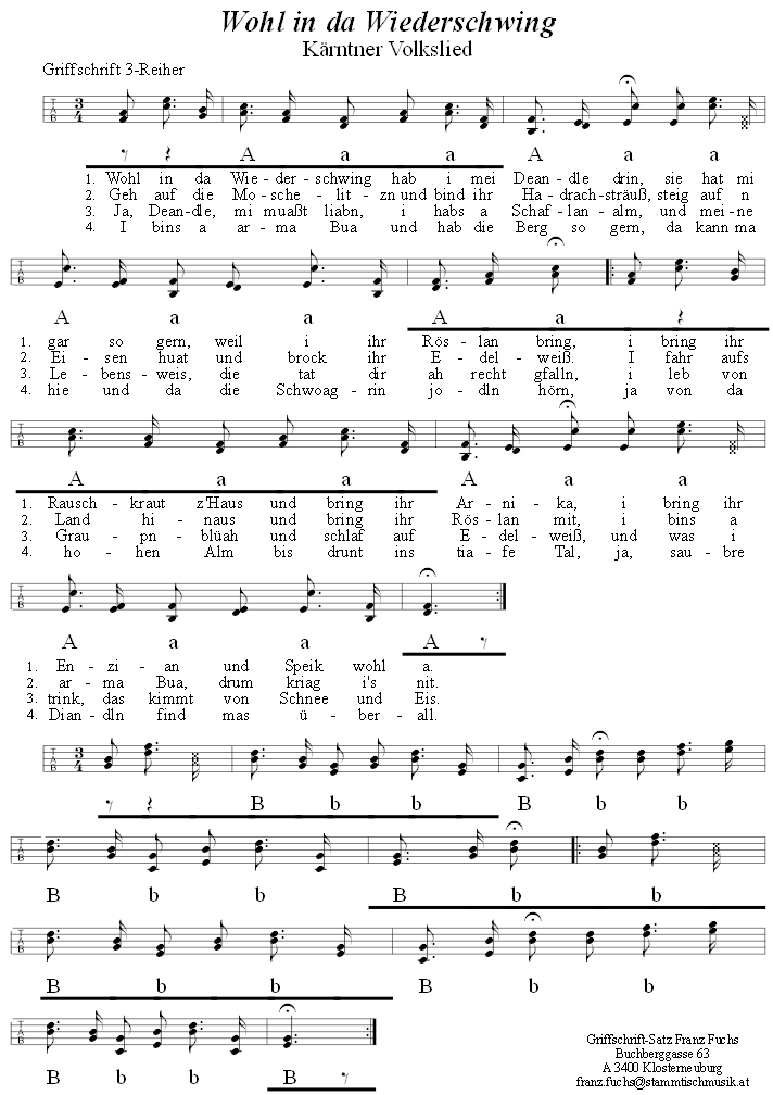 Wohl in da Wiederschwing - zweistimmiges Lied in Griffschrift für Steirische Harmonika