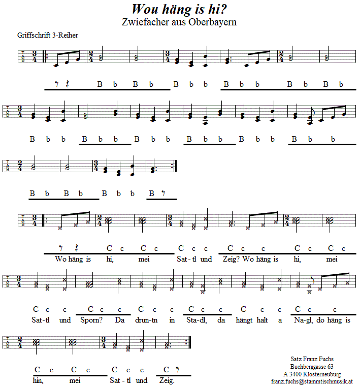 Wou häng i's hi, mei Sottl und Zeig? - Zwiefacher, in Griffschrift für Steirische Harmonika