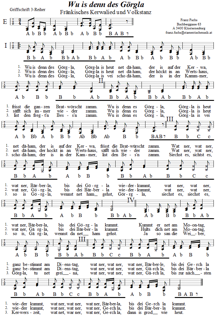 wo is denn es Gergla in Griffschrift für Steirische Harmonika