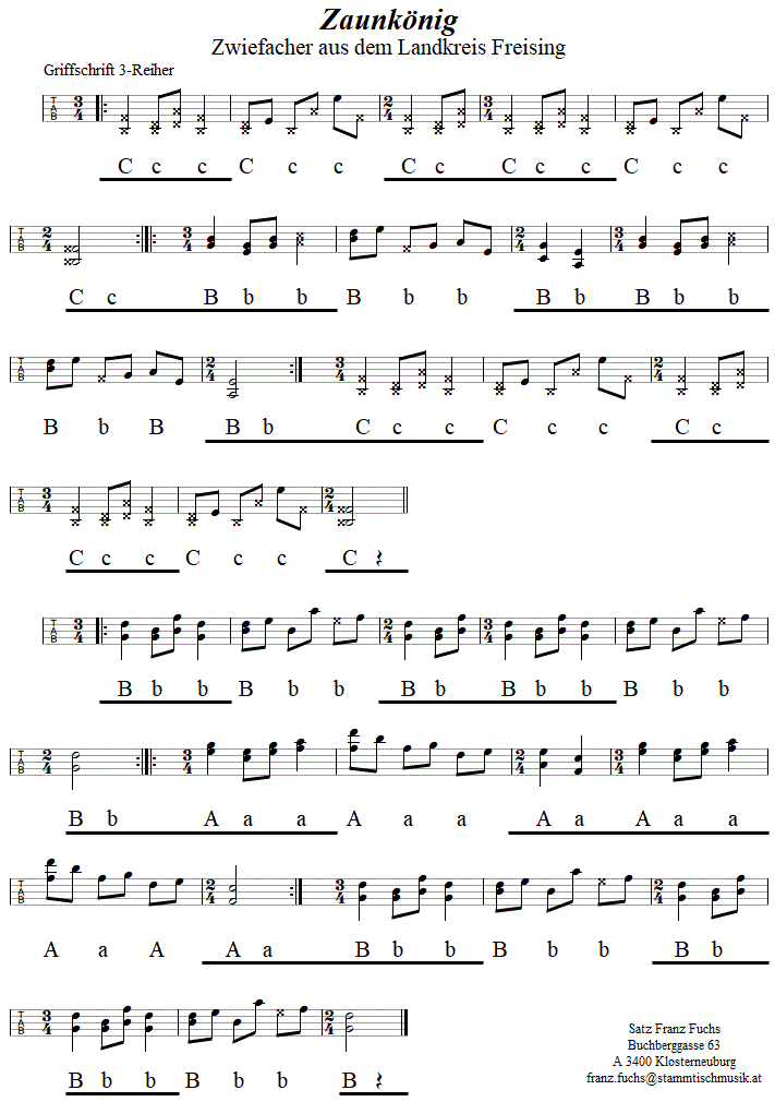 Zaunkönig, Zwiefacher in Griffschrift für Steirische Harmonika