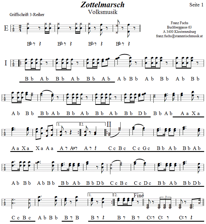 Zottelmarsch in Griffschrift für Steirische Harmonika - Noten aus dem Repertoire