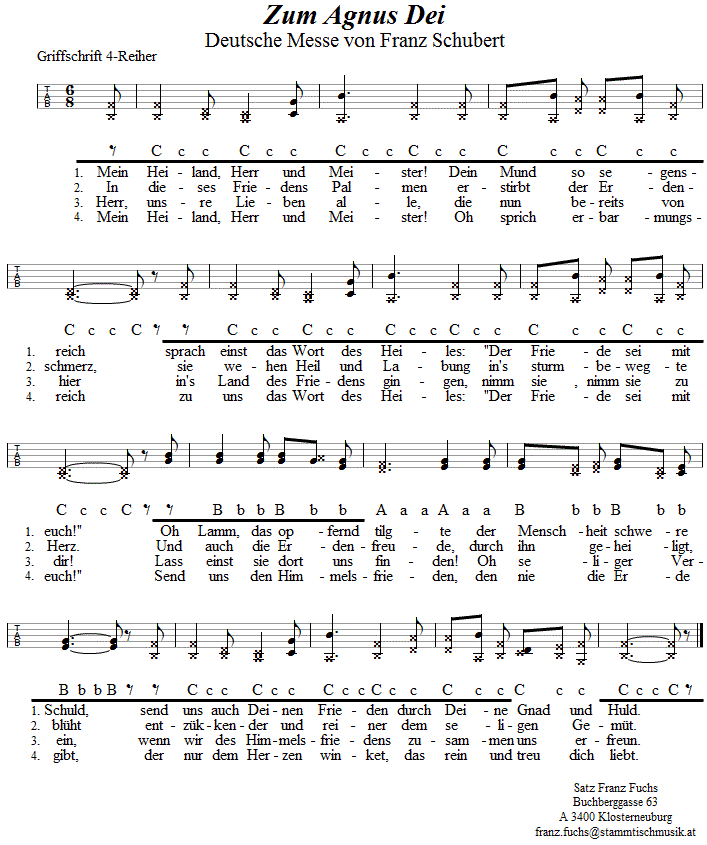 Mein Heiland, Herr und Meister (Agnus Dei aus der Deutschen Messe von Franz Schubert) in Griffschrift für Steirische Harmonika