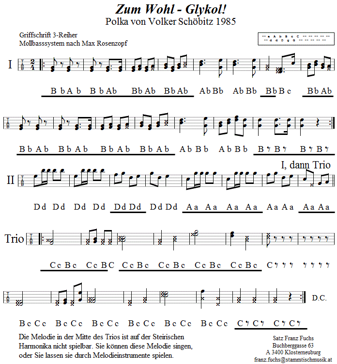 Zum Wohl Glykol, Polka Griffschrift - Noten aus dem Repertoire - Volksmusik im Wirtshaus