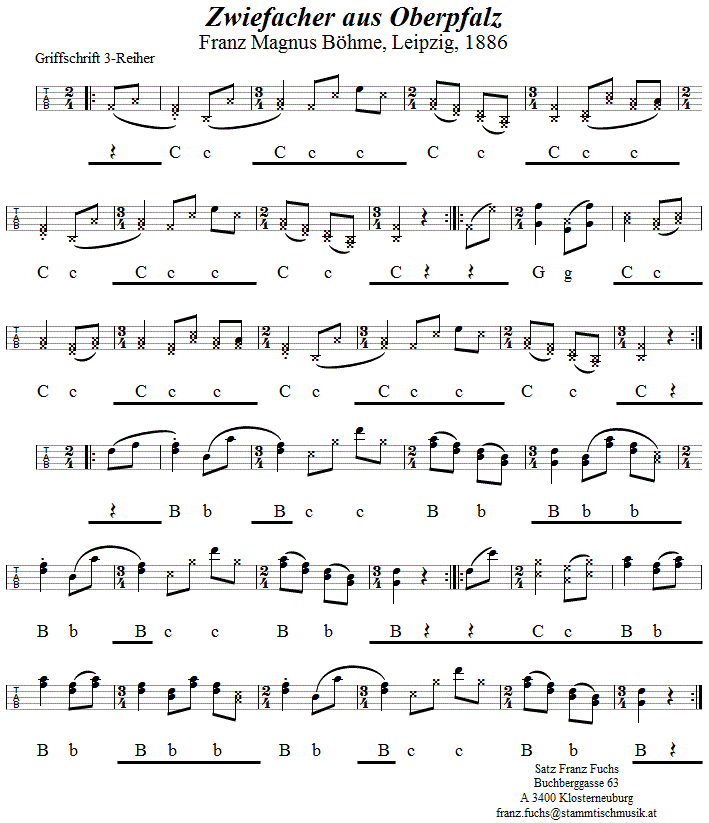 Zwiefacher aus der Oberpfalz, in Griffschrift für Steirische Harmonika