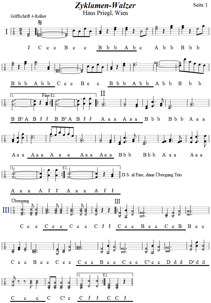 Zyklamen-Walzer von Hans Priegl in Griffschrift für Steirische Harmonika