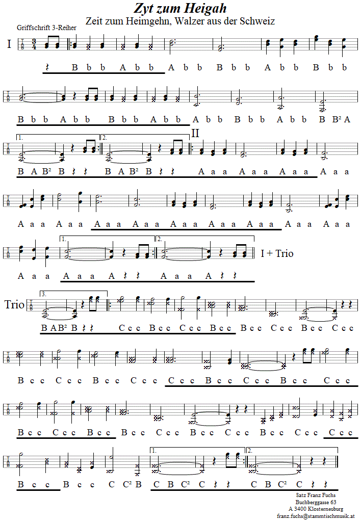 Zyt zum Heigah, Walzer aus der Schweiz in Griffschrift für Steirische Harmonika