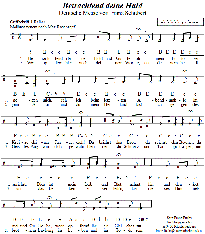 Betrachtend deine Huld und Güte (nach der Elevation, aus der Deutschen Messe von Franz Schubert) in Griffschrift für Steirische Harmonika