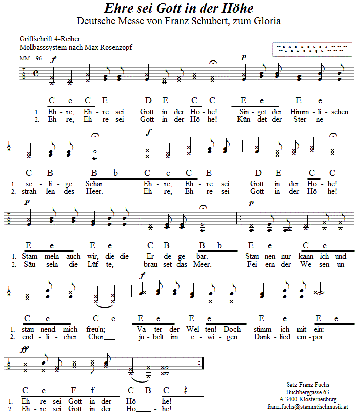 Ehre sei Gott in der Höhe (Gloria aus der Deutschen Messe von Franz Schubert) in Griffschrift für Steirische Harmonika