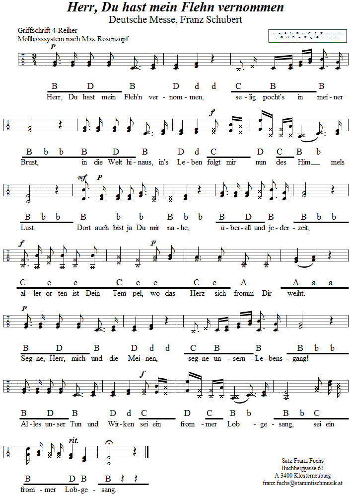 Herr, du hast mein Flehn vernommen (Schlussgesang aus der Deutschen Messe von Franz Schubert) in Griffschrift für Steirische Harmonika