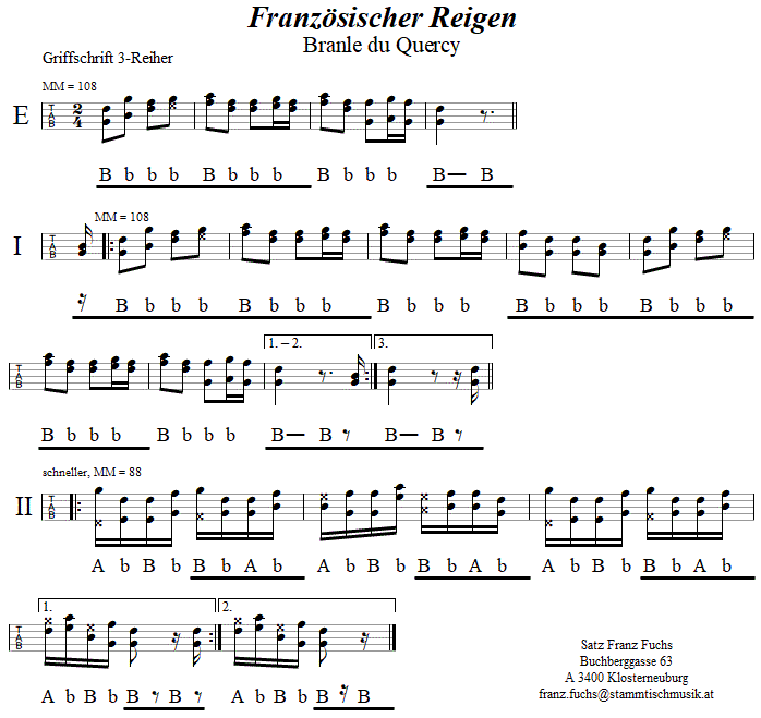 Französischer Reigen (Branle du Quercy) in Griffschrift für Steirische Harmonika