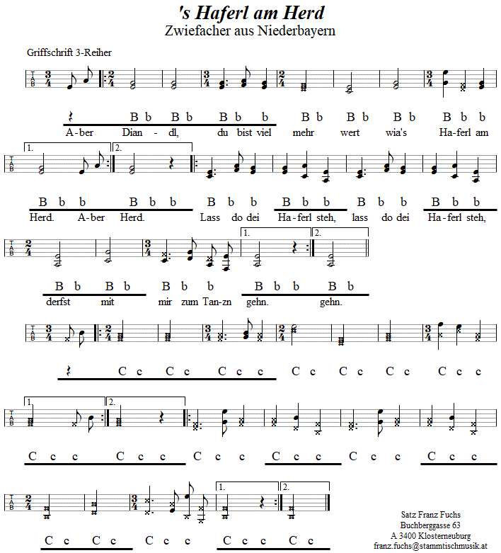 's Haferl am Herd, Zwiefacher in Griffschrift für Steirische Harmonika