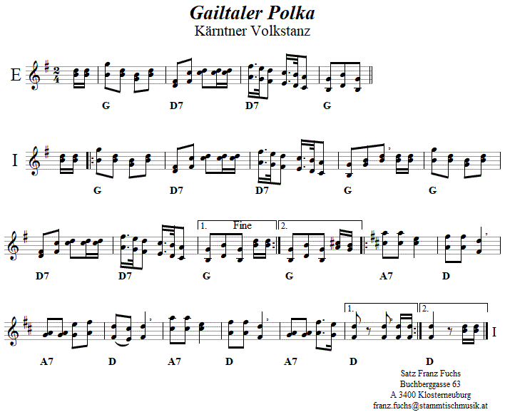 Gailtaler Polka, Volkstanznoten