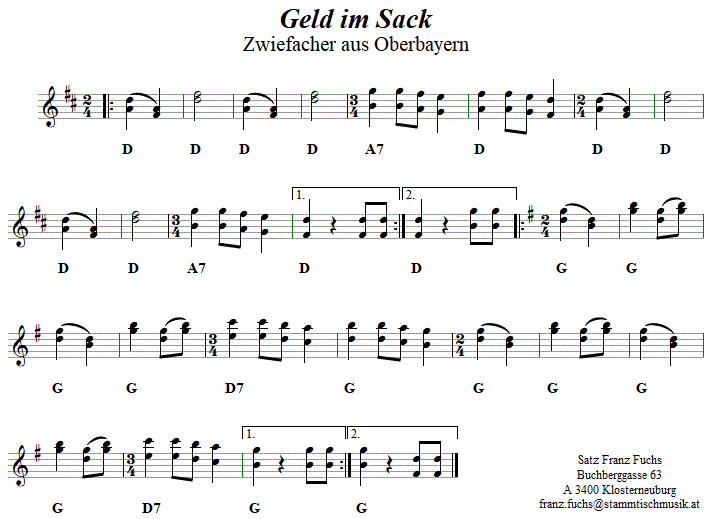 Geld im Sack Zwiefacher, Volkstanznoten