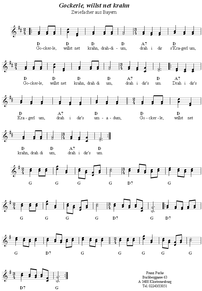 Gockerle, willst net krahn - Zwiefacher, Volkstanznoten