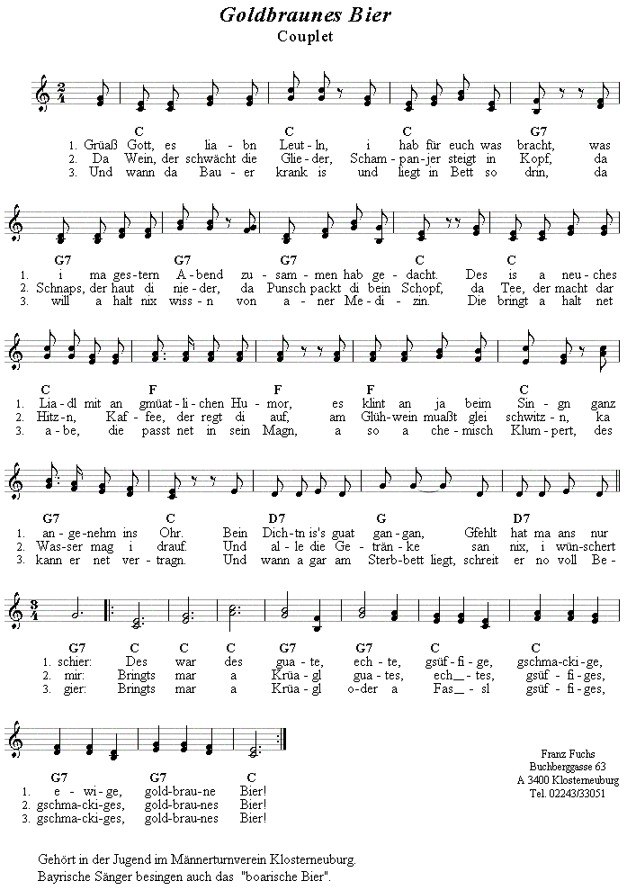 Goldbraunes Bier - Couplet - Volksmusik und Volkstanz im Alpenland