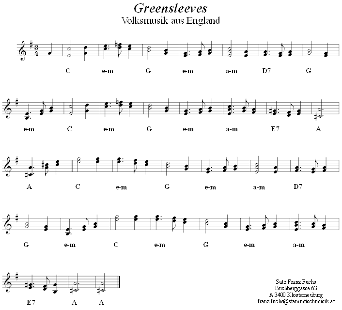 Greensleeves, Noten aus dem Repertoire