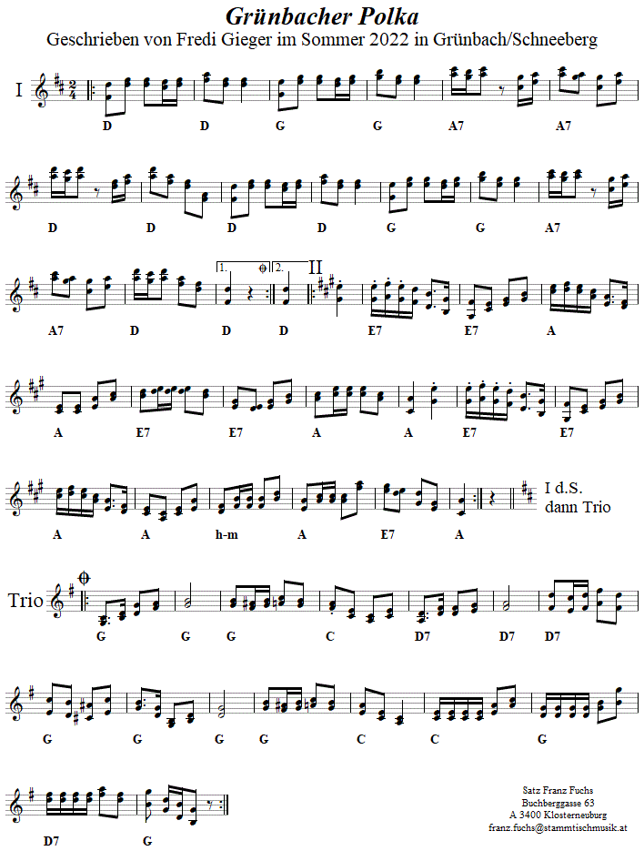 Grünbacher Polka von Fredi Gieger, Noten aus dem Repertoire