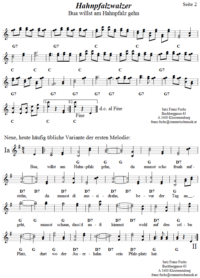 Hahnpfalzwalzer, in zweistimmigen Noten