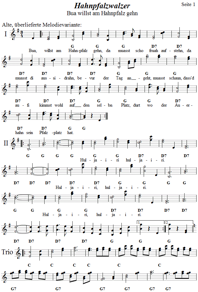 Hahnpfalzwalzer, in zweistimmigen Noten