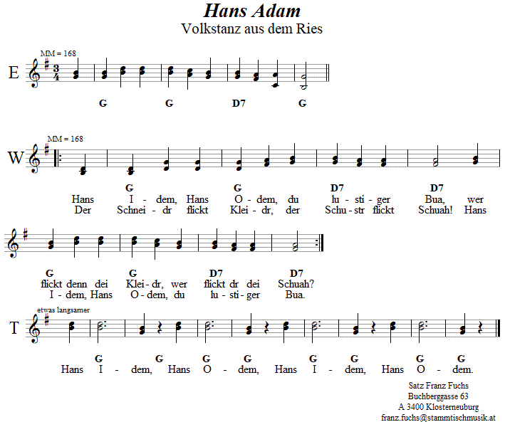 Hans Adam aus dem Ries, Volkstanznoten