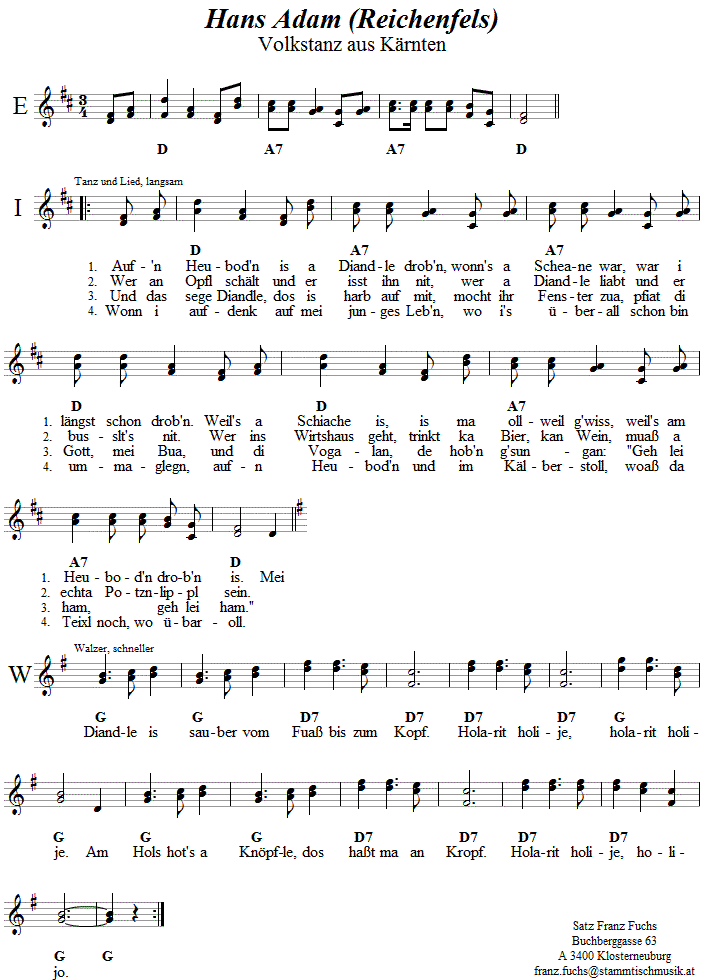 Hans Adam aus Reichenfels, Volkstanznoten