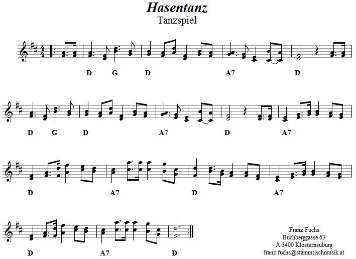 Hasentanz Tanzspiel, Volkstanznoten