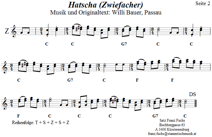 Hatscha, Zwiefacher von Willi Bauer in 2-stimmigen Noten