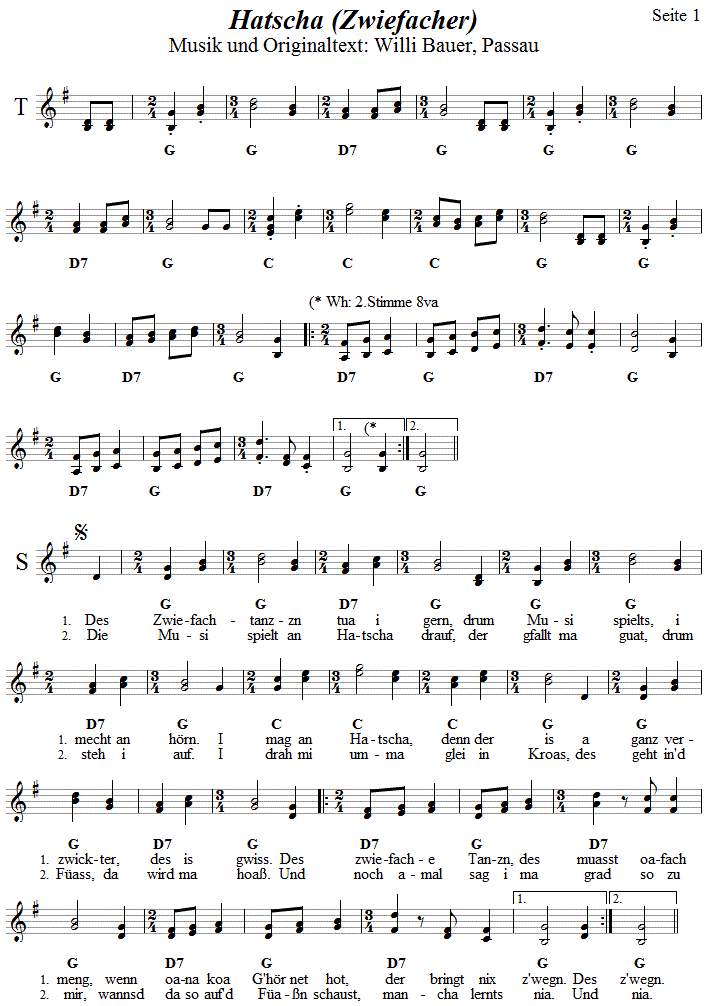 Hatscha, Zwiefacher von Willi Bauer in 2-stimmigen Noten