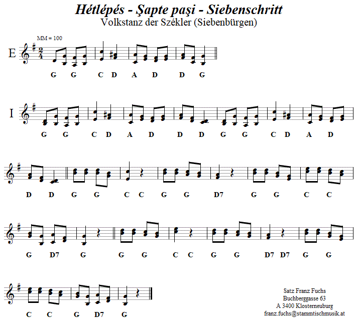 Hétlépés - Siebenschritt, Volkstanznoten