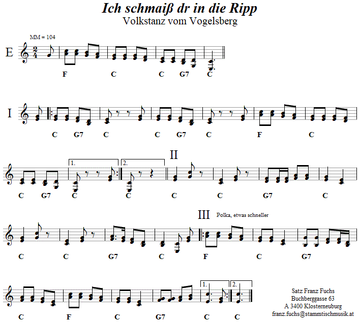 Ich schmaiß dr in die Ripp, Volkstanznoten