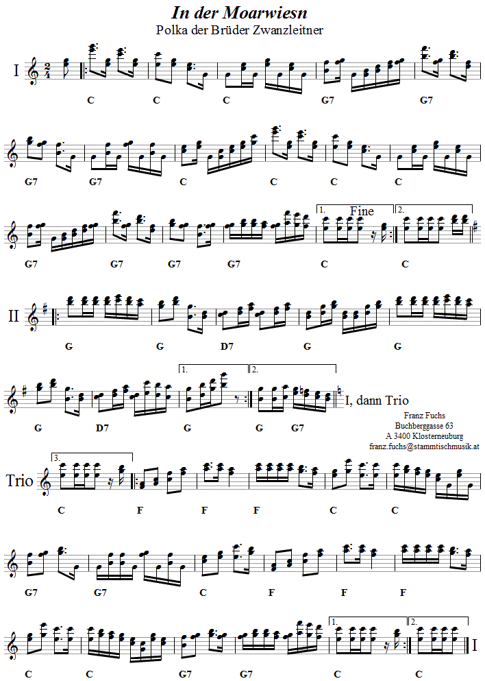 In der Moarwiesn, Geschwister Zwanzleitner, Noten