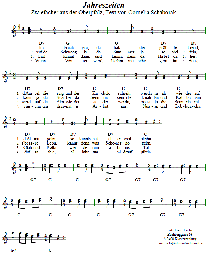 Jahreszeiten Zwiefacher, Volkstanznoten