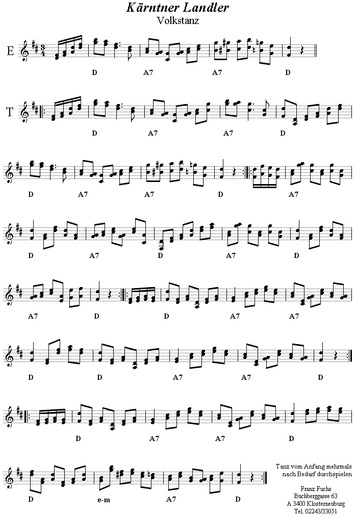 Kärntner Landler, Volkstanznoten