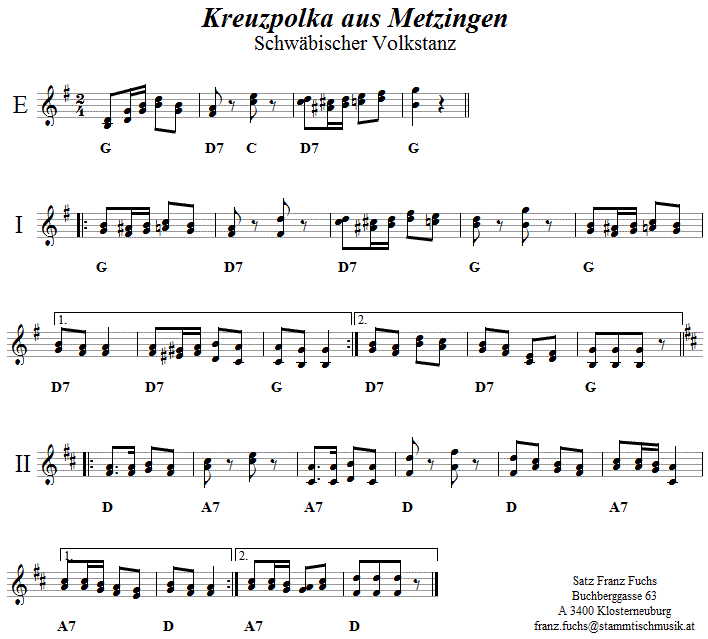 Kreuzpolka aus Metzingen, Volkstanznoten