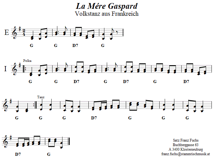 La Mére Gaspard, Volkstanznoten