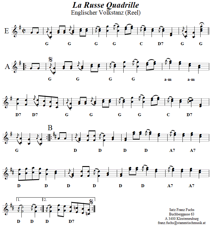 La Russe Quadrille, Volkstanznoten