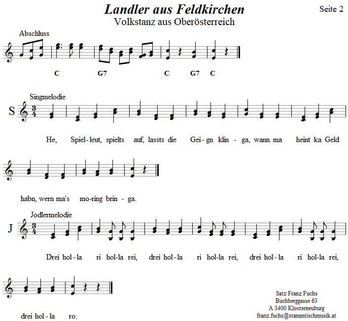 Landler aus Feldkirchen, Volkstanznoten