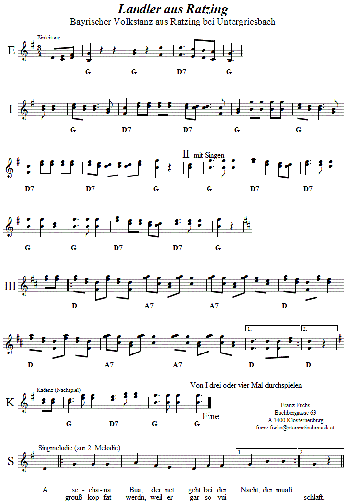 Landler aus Ratzing, Volkstanznoten