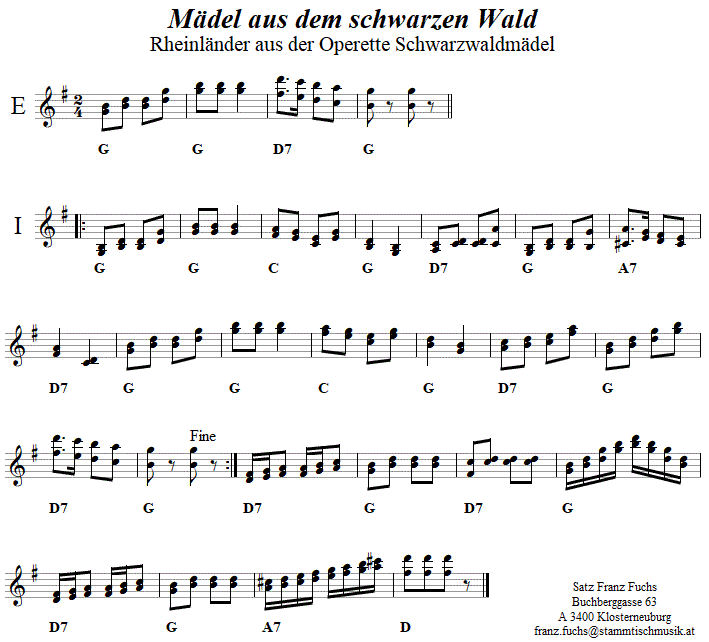 Mädel aus dem Schwarzen Wald, Volkstanznoten