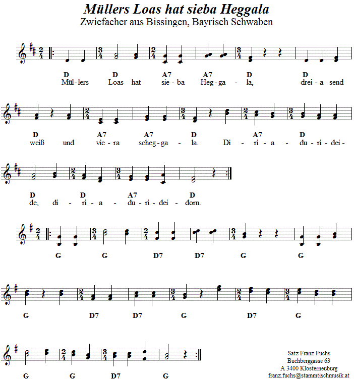 Müllers Loas hat sieba Heggala, Zwiefacher, Volkstanznoten