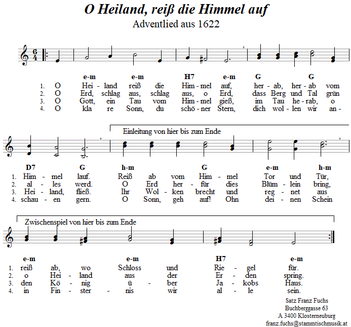 O Heiland reiß die Himmel auf, Adventlied in zweistimmigen Noten