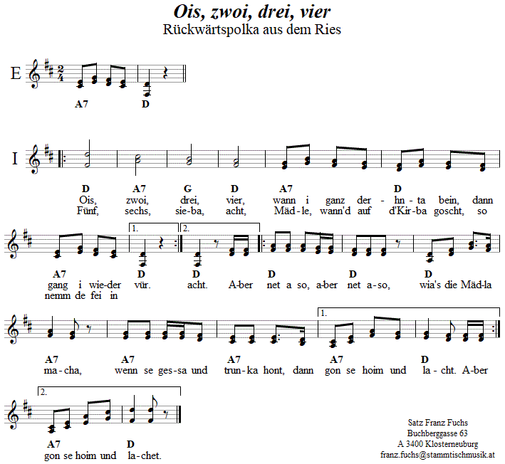 Ois, zwoi,drei, vier, Volkstanznoten