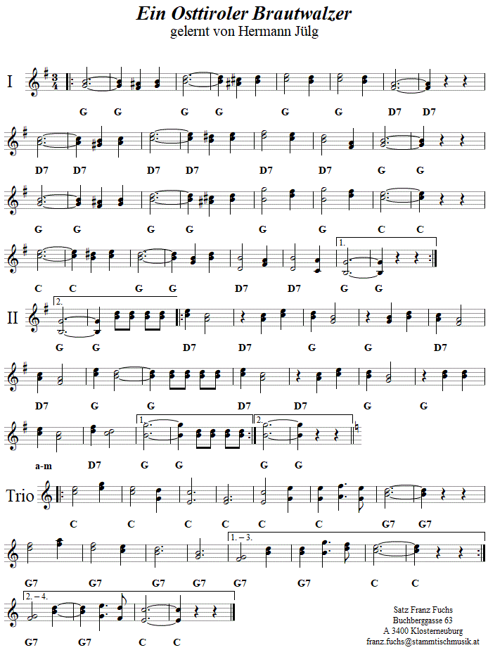Osttiroler Brautwalzer in zweistimmigen Noten