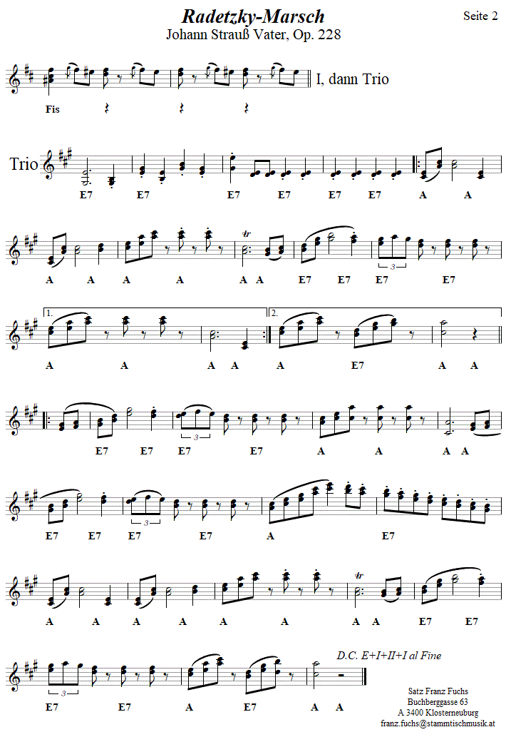 Radetzkymarsch von Johann Strauß Vater in zweistimmigen Noten