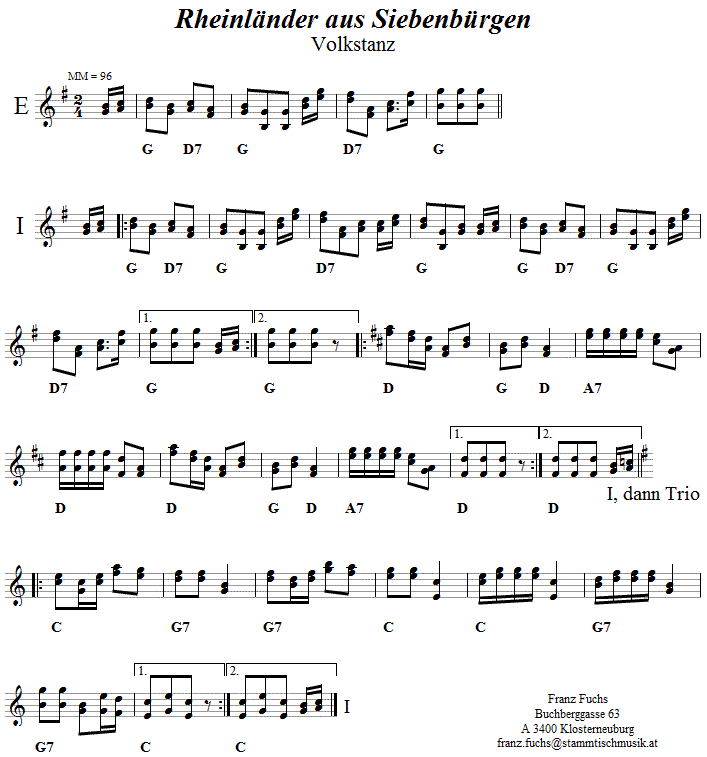 Siebenbürger Rheinländer, Originalmelodie, Volkstanznoten