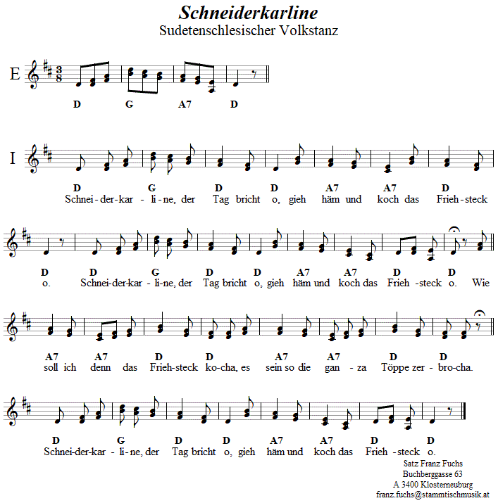 Schneiderkarline, Volkstanznoten