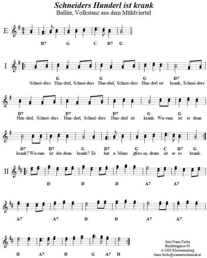 Schneiders Hunderl ist krank(Ballèe), Volkstanznoten