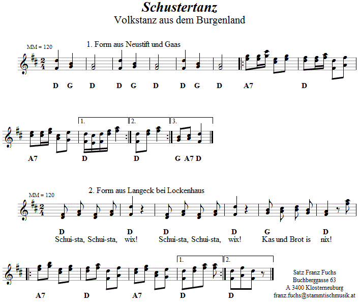 Schustertanz, Volkstanznoten