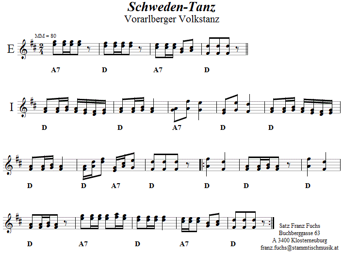 Schwedentanz (Vorarlberg), Volkstanznoten