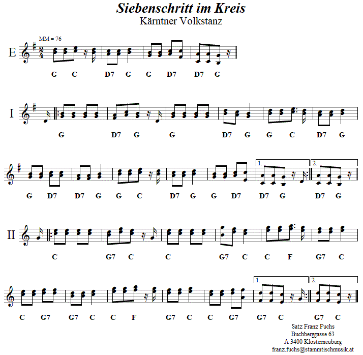 Siebenschritt im Kreis, Volkstanznoten